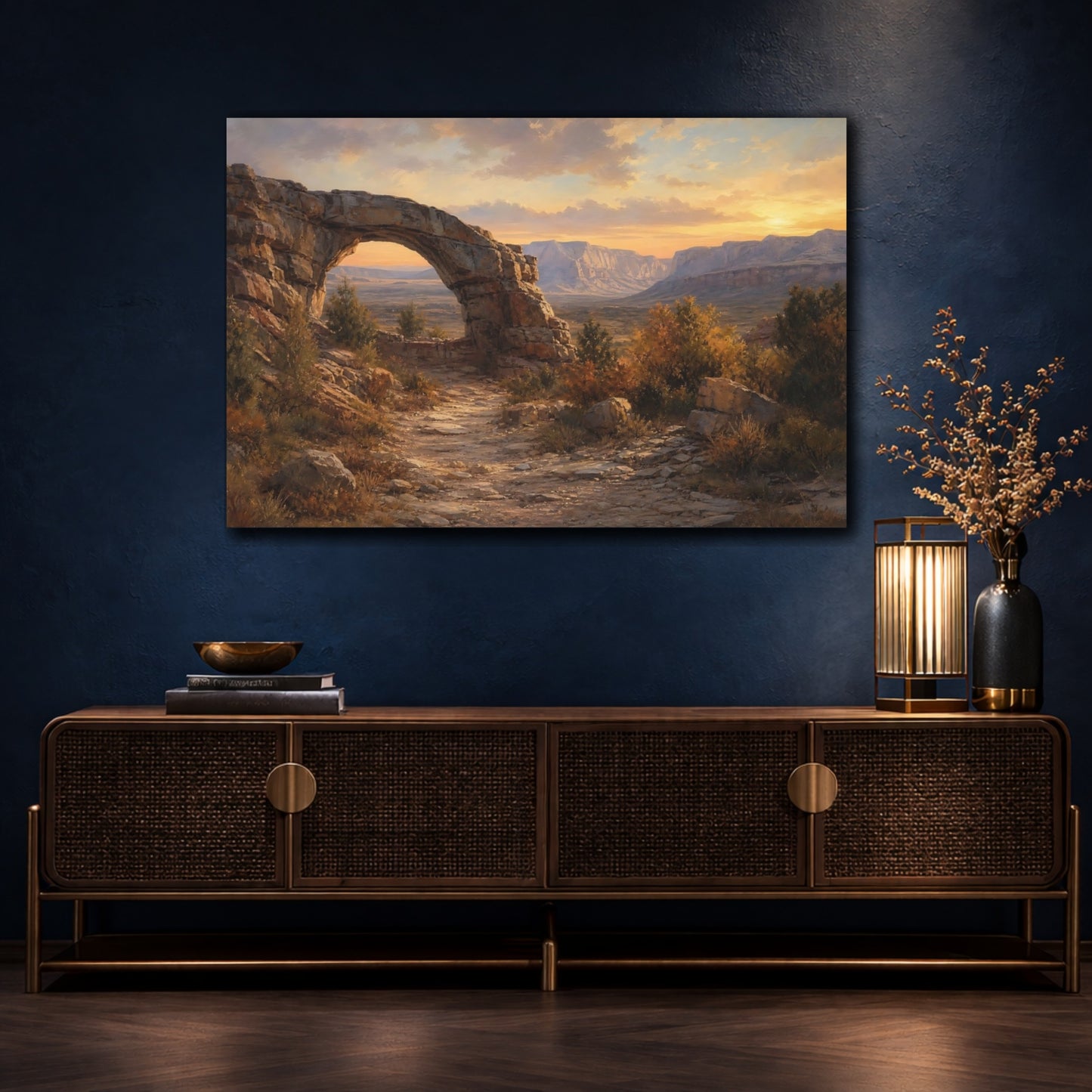 Mockup 4. Nature Rock Arch Desert Sunset shown as stretched canvas wall art