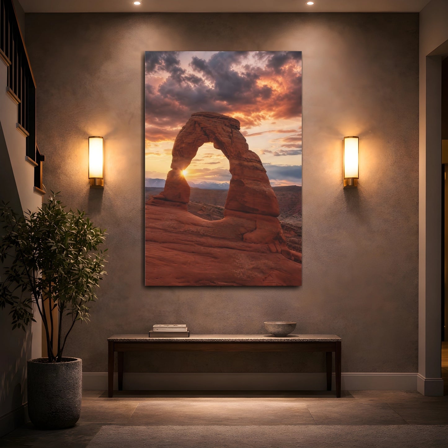 Mockup 2. Nature Rock Arch Red Rock Sunset shown as stretched canvas wall art