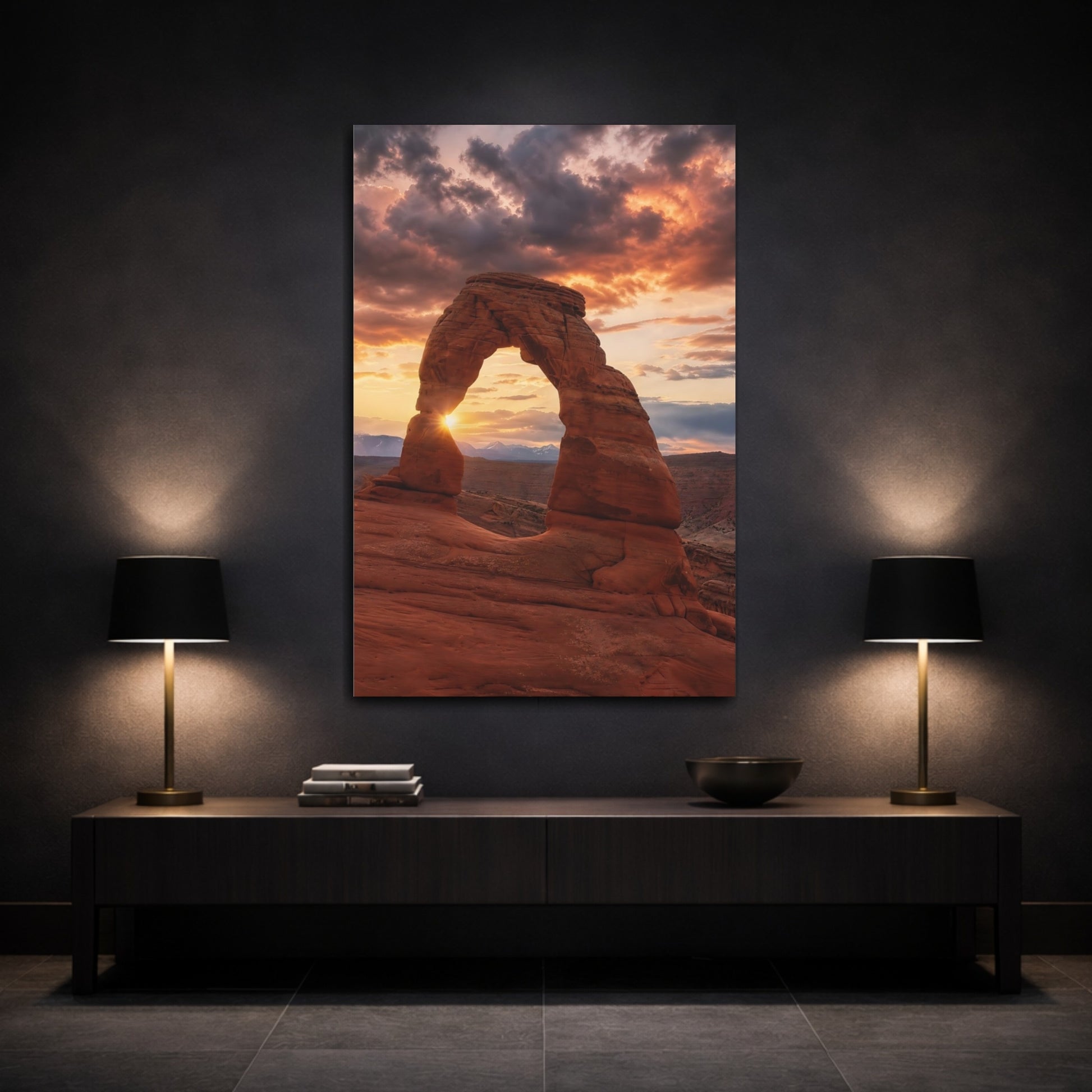 Mockup 3. Nature Rock Arch Red Rock Sunset shown as stretched canvas wall art