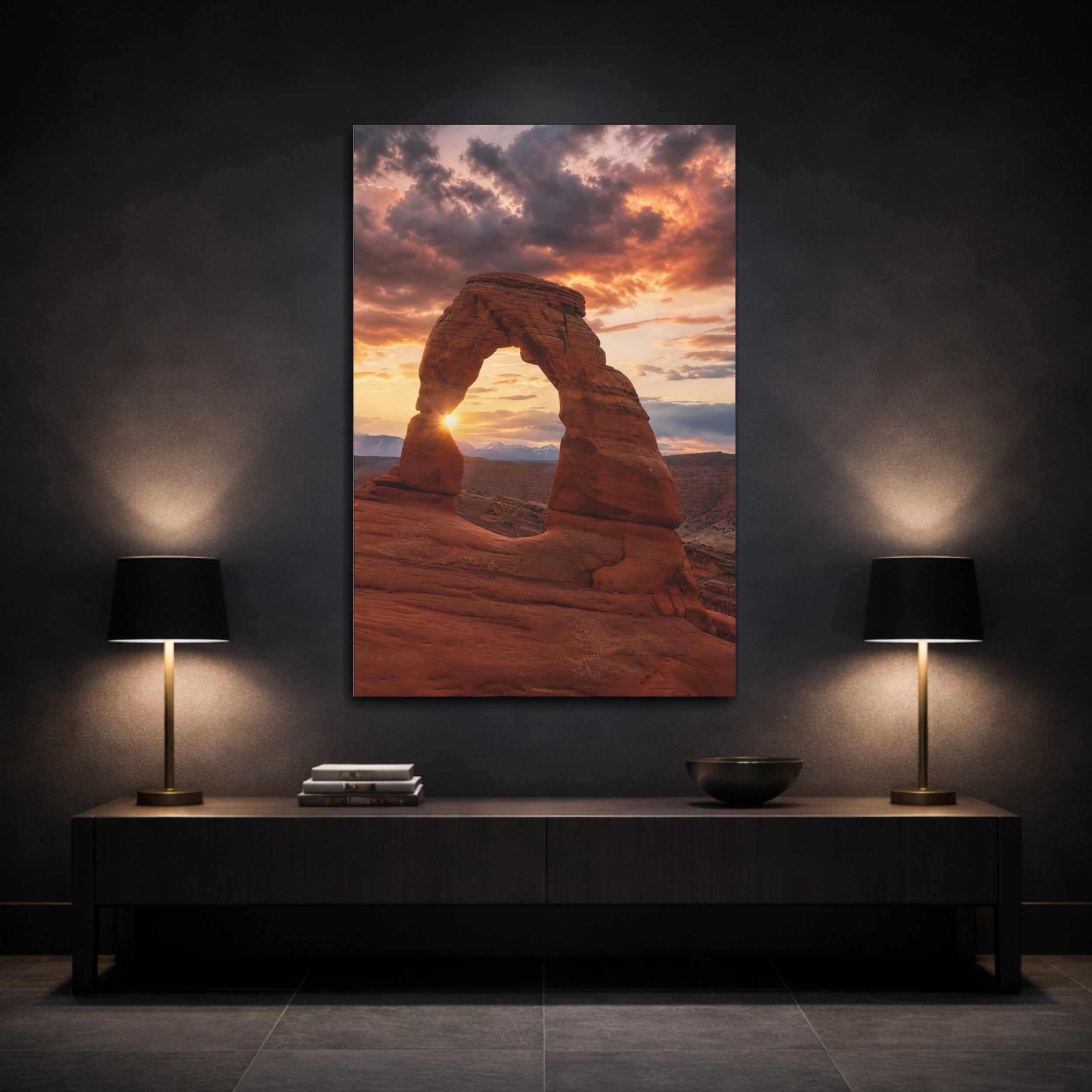 Mockup 3. Nature Rock Arch Red Rock Sunset shown as stretched canvas wall art