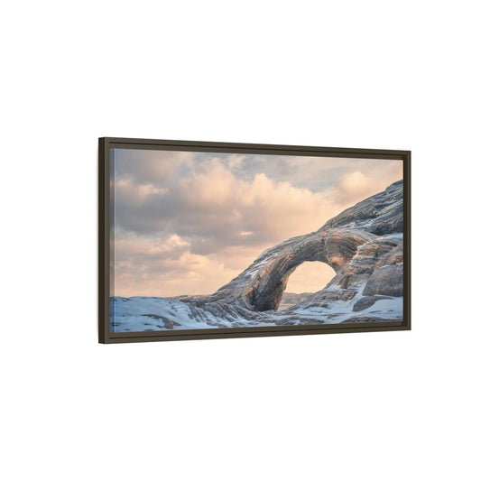 Main Mockup. Nature Rock Arch Winter Arch shown as stretched canvas wall art