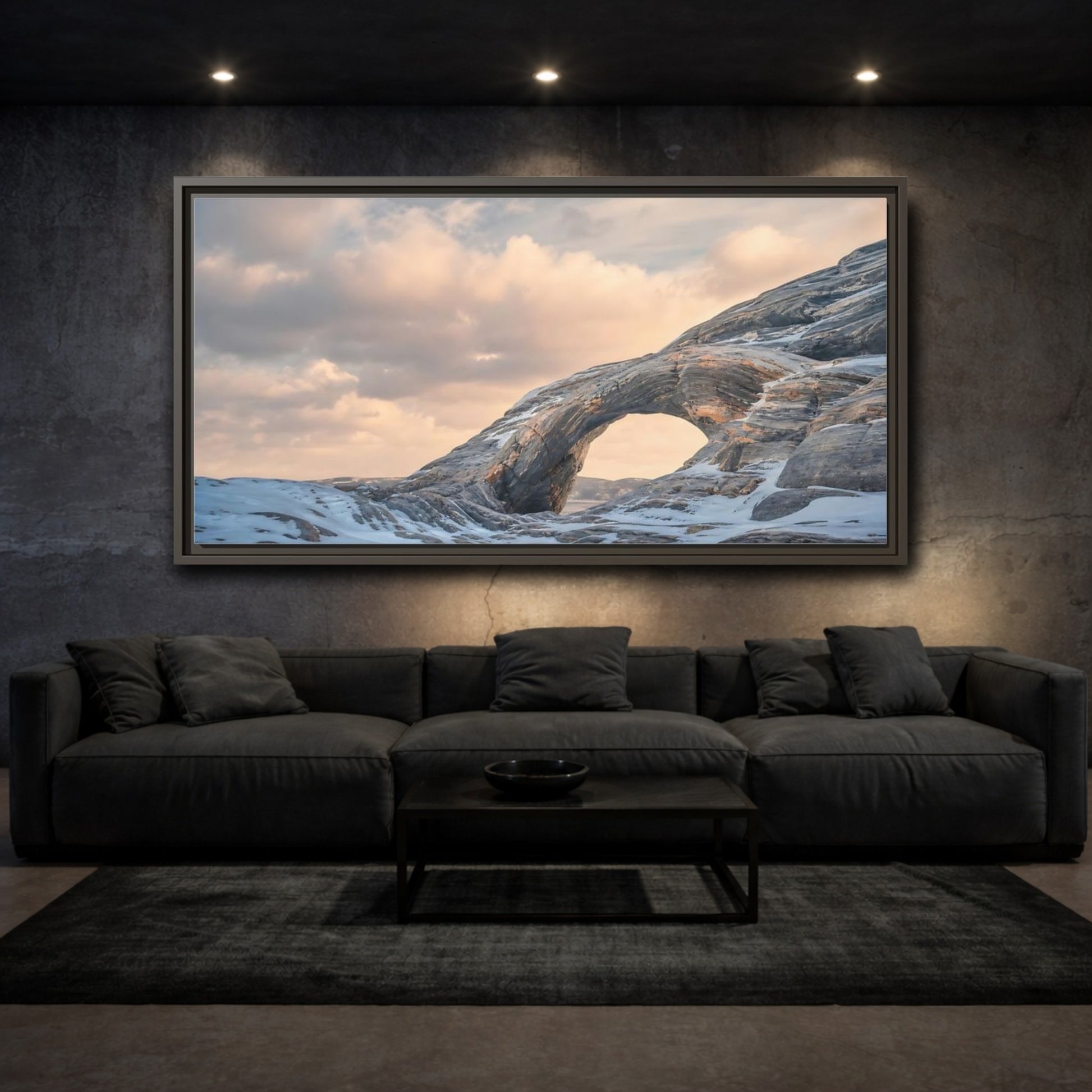 Mockup 3. Nature Rock Arch Winter Arch shown as stretched canvas wall art