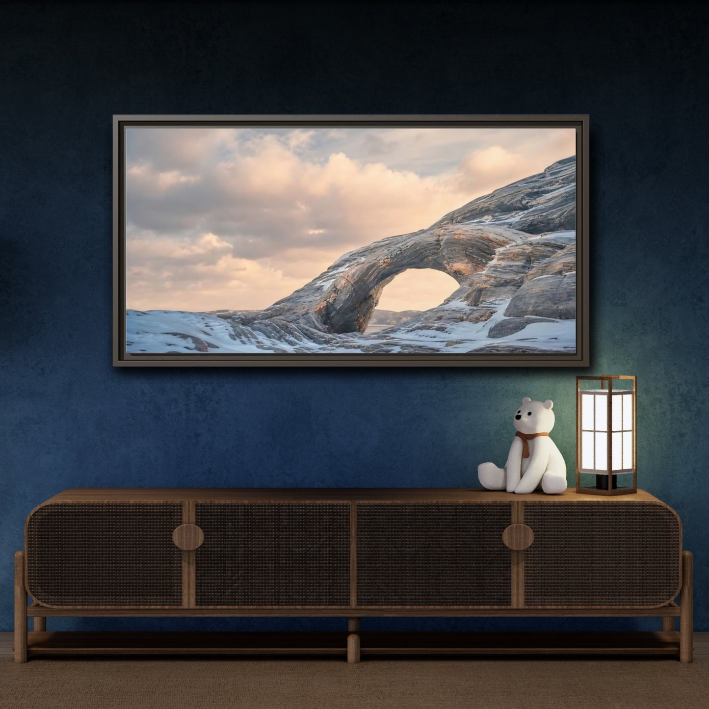 Mockup 4. Nature Rock Arch Winter Arch shown as stretched canvas wall art