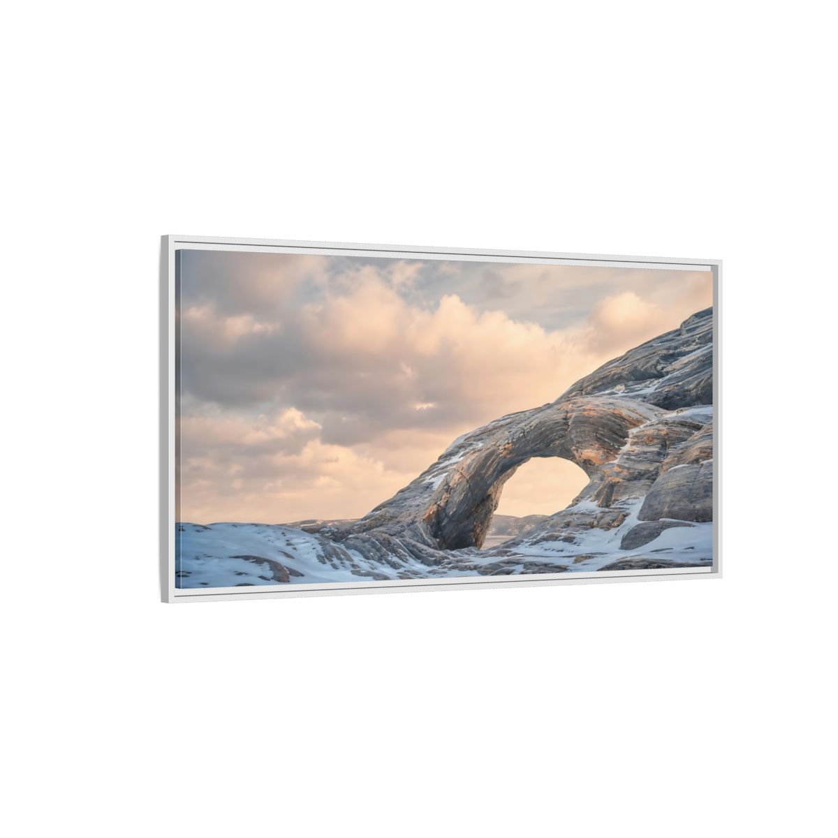 Side Mockup 3. Nature Rock Arch Winter Arch shown as stretched canvas wall art