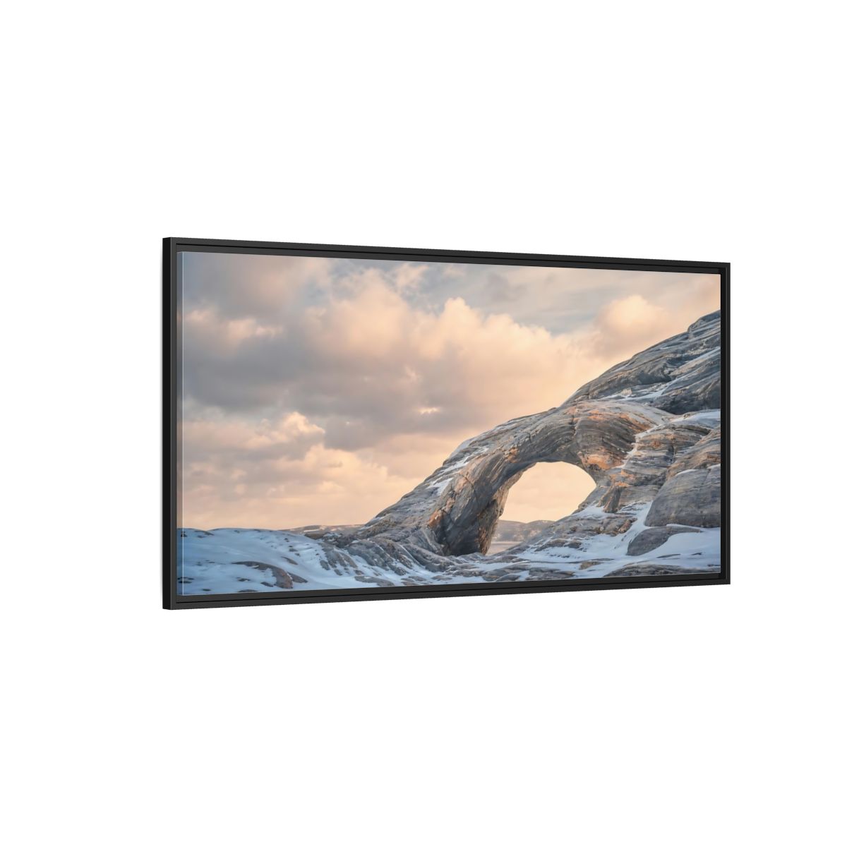 Side Mockup 5. Nature Rock Arch Winter Arch shown as stretched canvas wall art