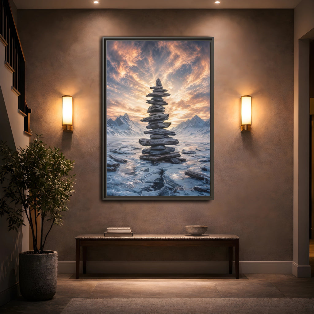 Mockup 2. Nature Rock Cairn Winter Cairn Landscape shown as stretched canvas wall art
