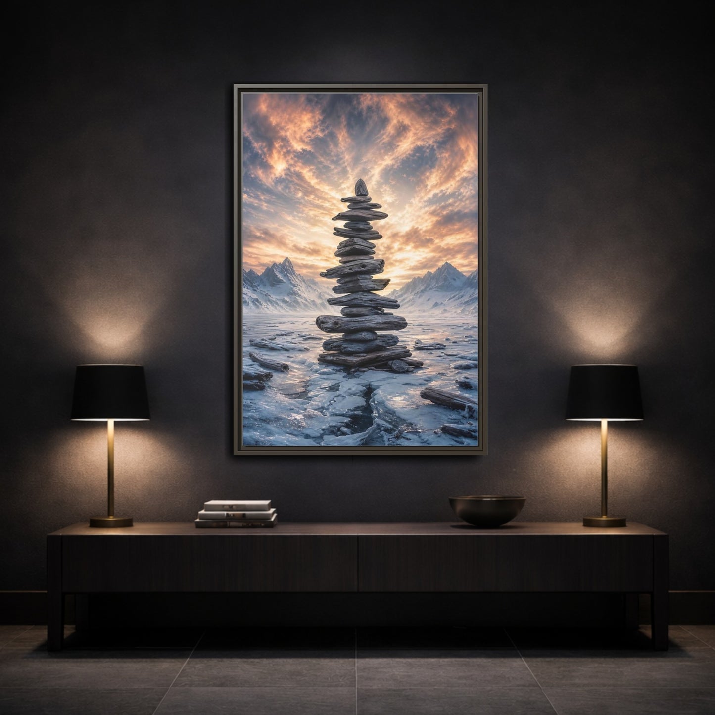 Mockup 3. Nature Rock Cairn Winter Cairn Landscape shown as stretched canvas wall art