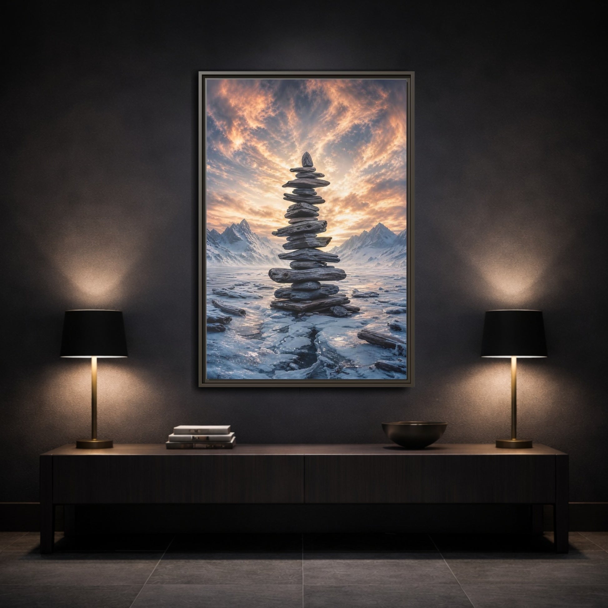 Mockup 3. Nature Rock Cairn Winter Cairn Landscape shown as stretched canvas wall art