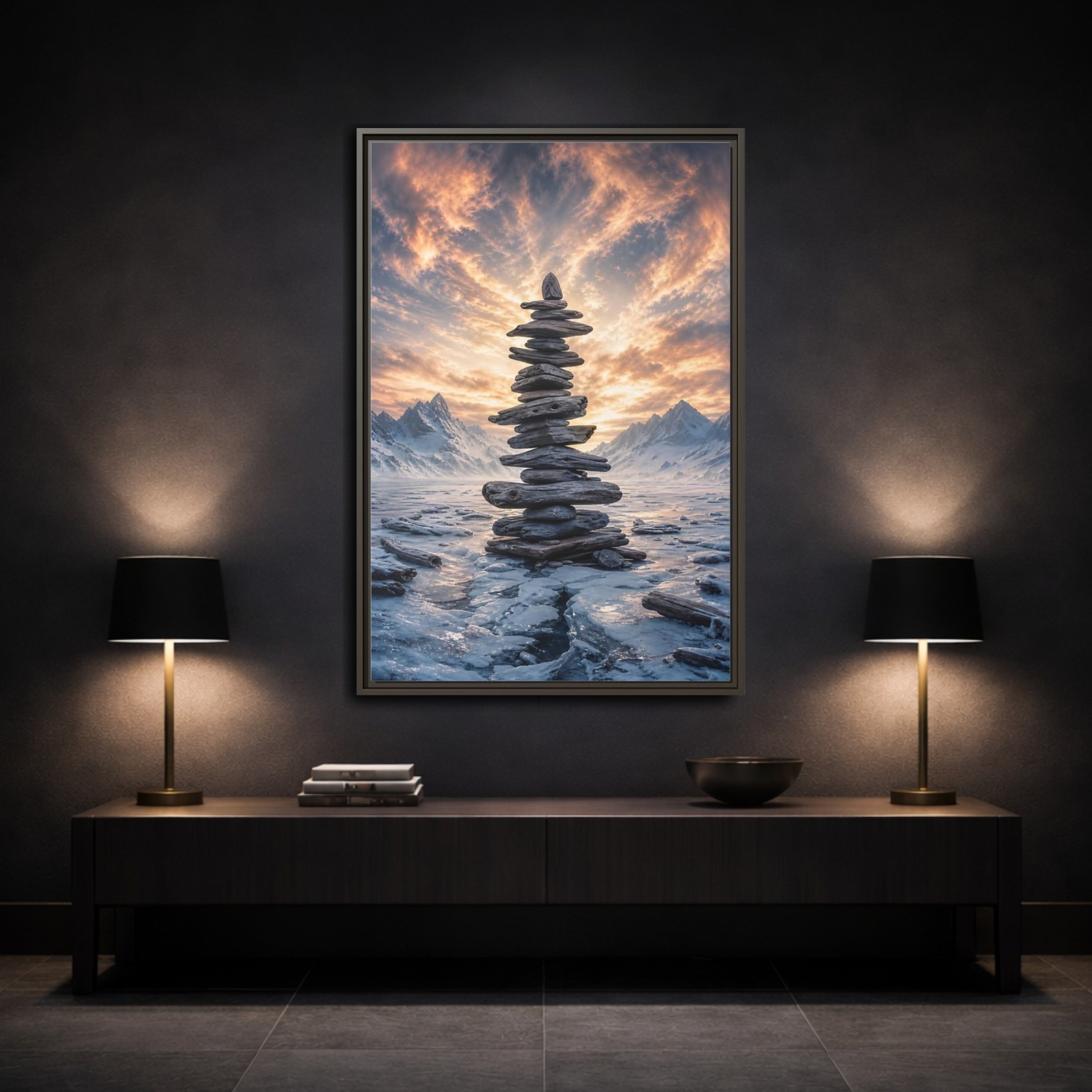 Mockup 3. Nature Rock Cairn Winter Cairn Landscape shown as stretched canvas wall art