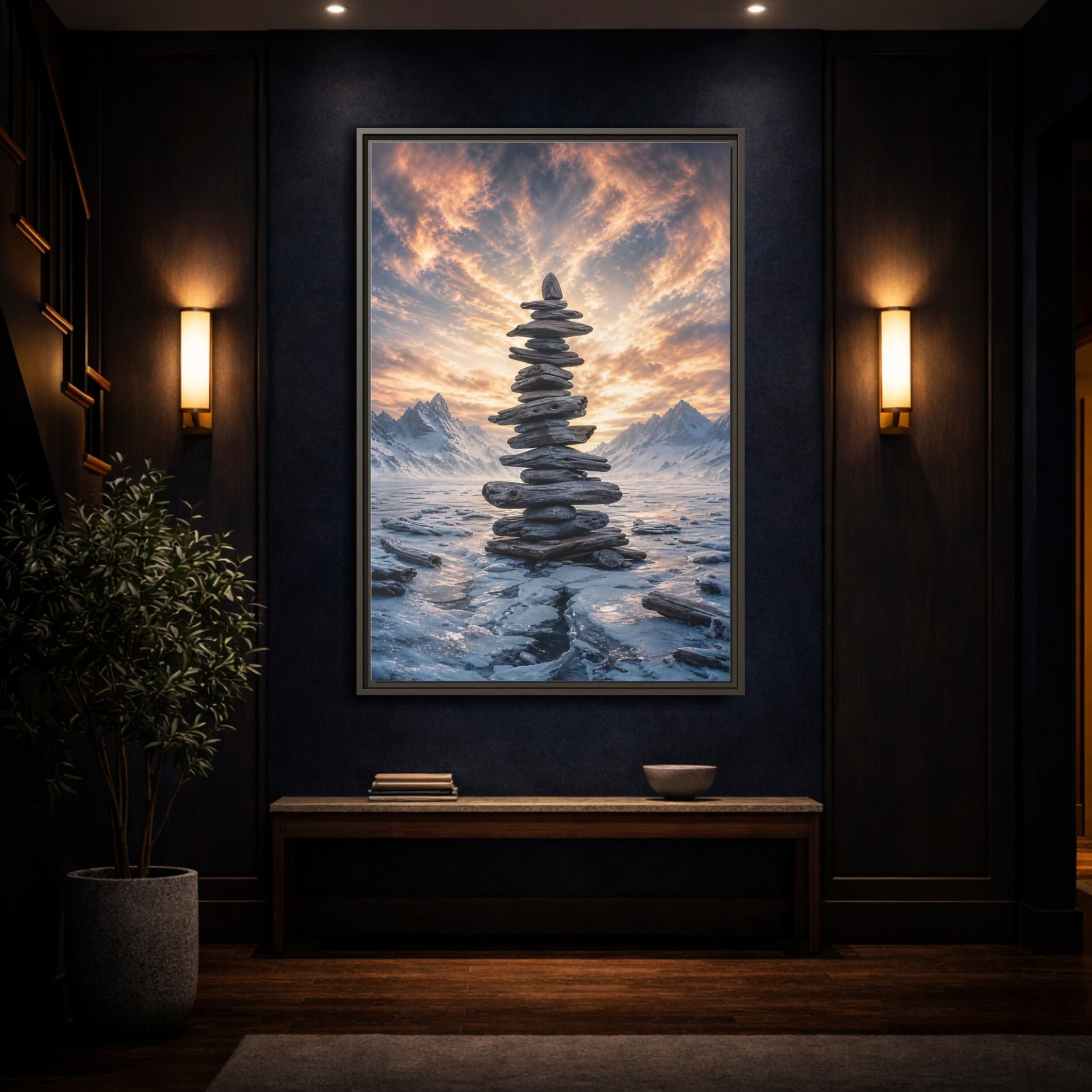 Mockup 4. Nature Rock Cairn Winter Cairn Landscape shown as stretched canvas wall art