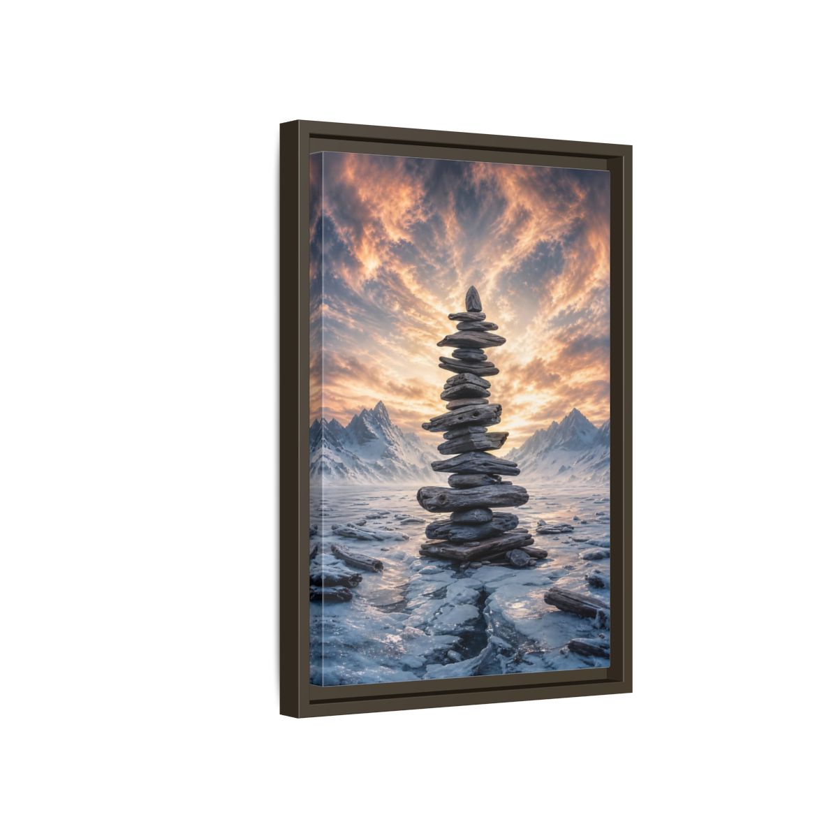 Side Mockup 5. Nature Rock Cairn Winter Cairn Landscape shown as stretched canvas wall art