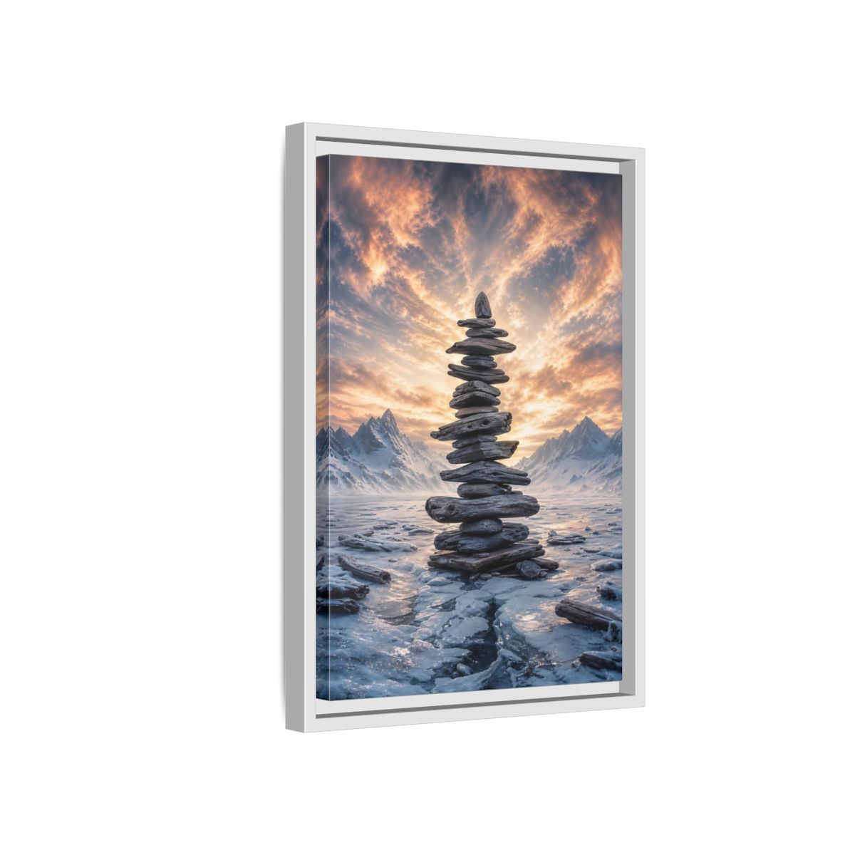 Side Mockup 4. Nature Rock Cairn Winter Cairn Landscape shown as stretched canvas wall art