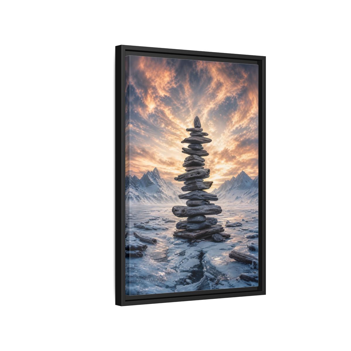 Side Mockup 3. Nature Rock Cairn Winter Cairn Landscape shown as stretched canvas wall art