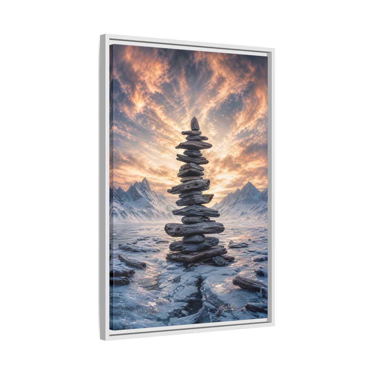 Side Mockup 10. Nature Rock Cairn Winter Cairn Landscape shown as stretched canvas wall art