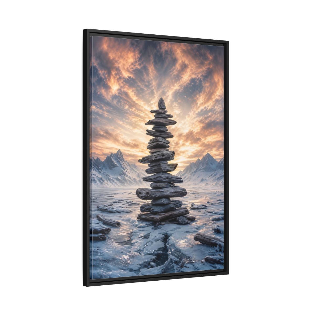 Side Mockup 13. Nature Rock Cairn Winter Cairn Landscape shown as stretched canvas wall art