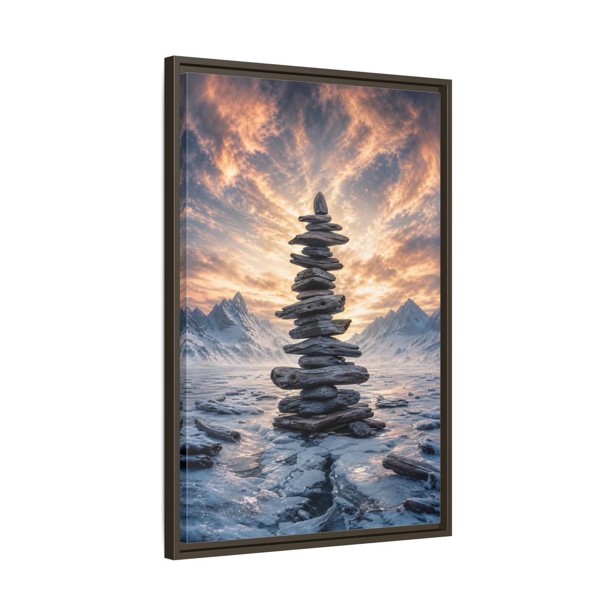 Side Mockup 11. Nature Rock Cairn Winter Cairn Landscape shown as stretched canvas wall art