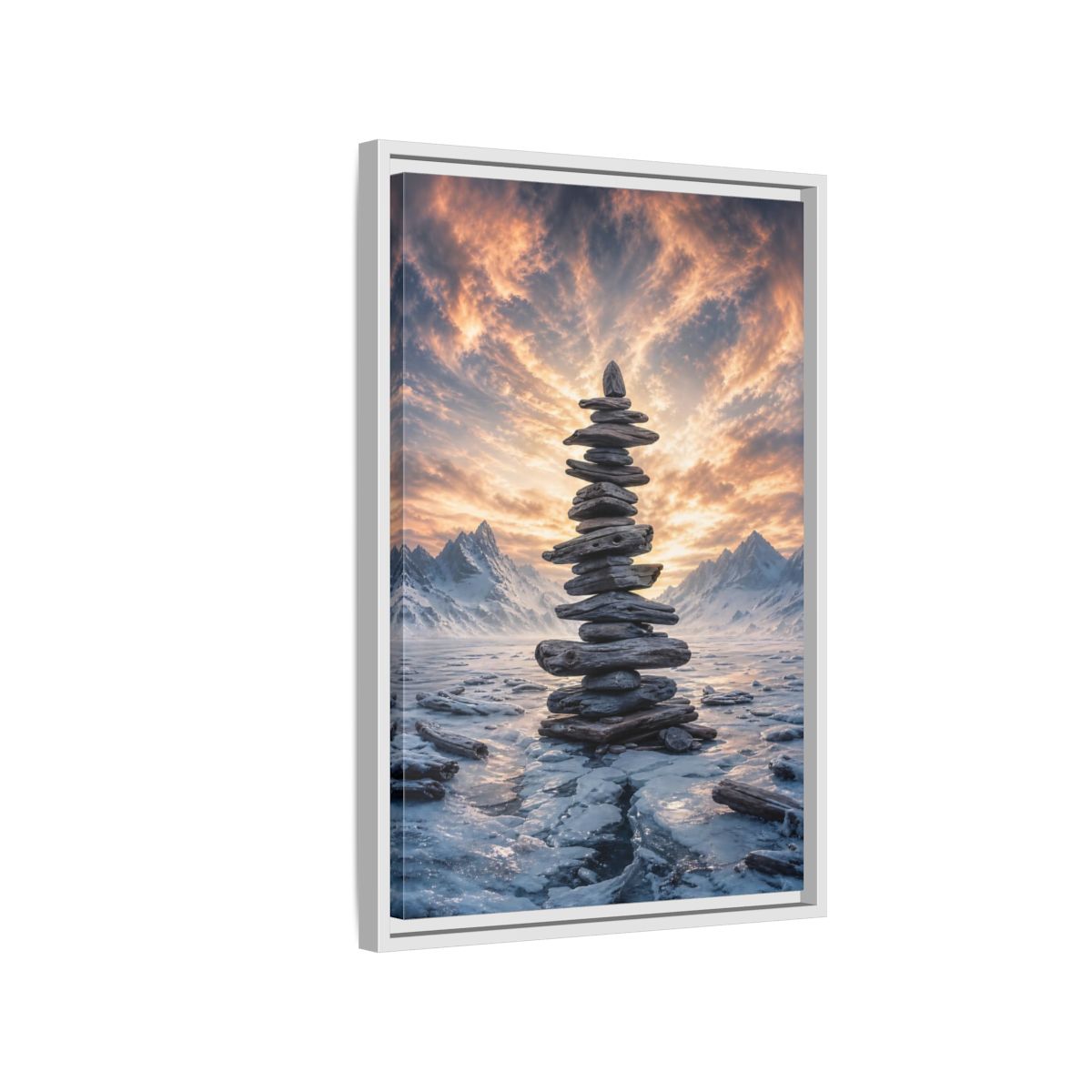 Side Mockup 1. Nature Rock Cairn Winter Cairn Landscape shown as stretched canvas wall art