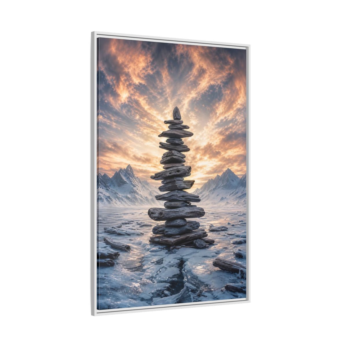 Side Mockup 7. Nature Rock Cairn Winter Cairn Landscape shown as stretched canvas wall art