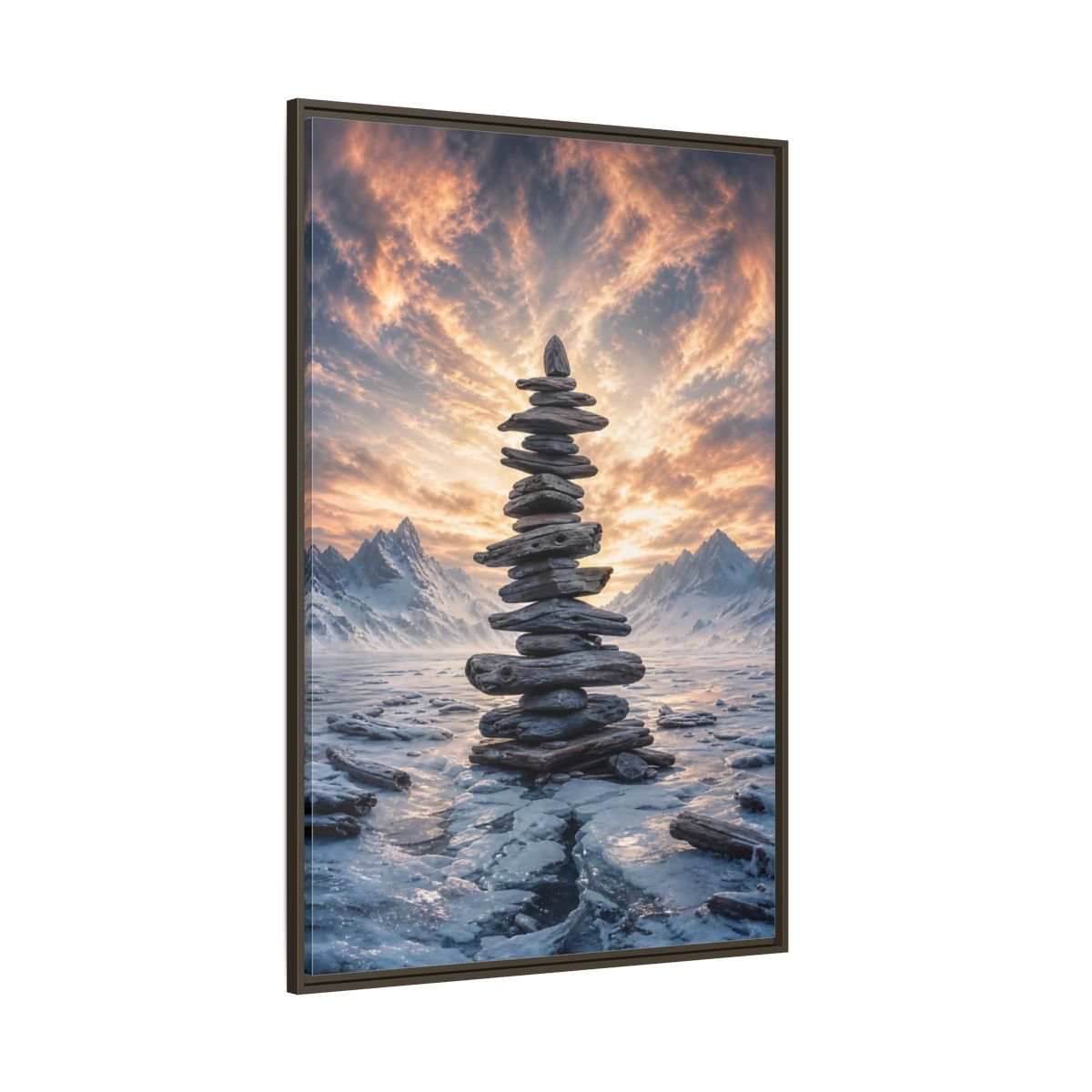 Side Mockup 8. Nature Rock Cairn Winter Cairn Landscape shown as stretched canvas wall art