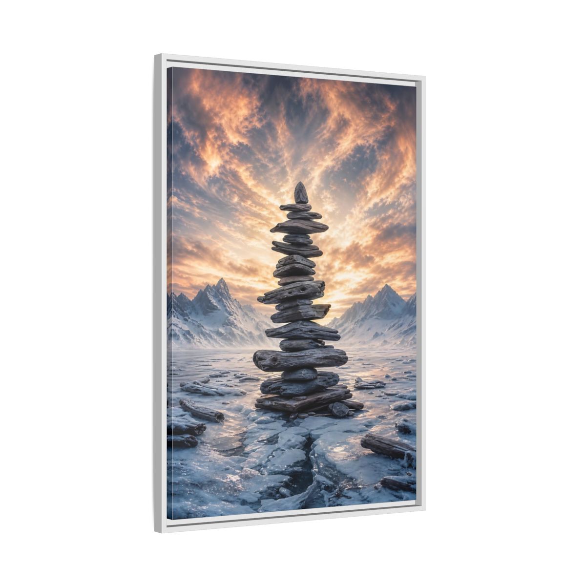 Side Mockup 9. Nature Rock Cairn Winter Cairn Landscape shown as stretched canvas wall art