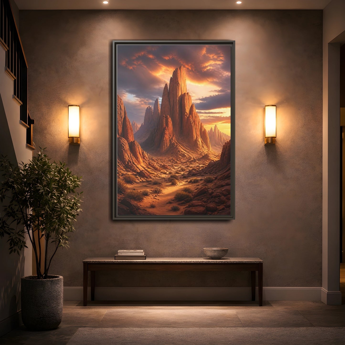 Nature Rock Formations Desert Canyon Framed Canvas Wall Art - Living Room Orange and Grey shown as canvas wall art
