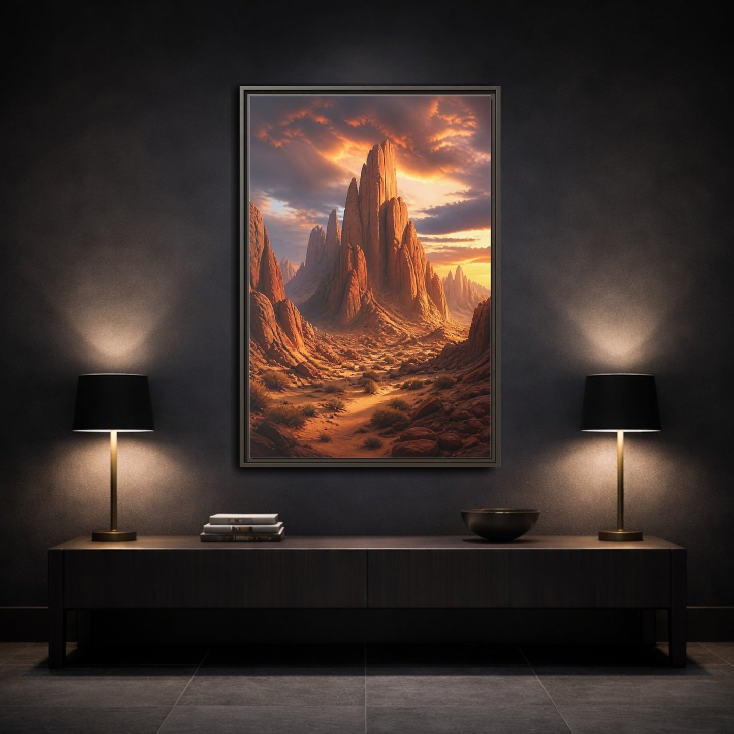 Nature Rock Formations Desert Canyon Framed Canvas Wall Art - Living Room Orange and Grey shown as canvas wall art