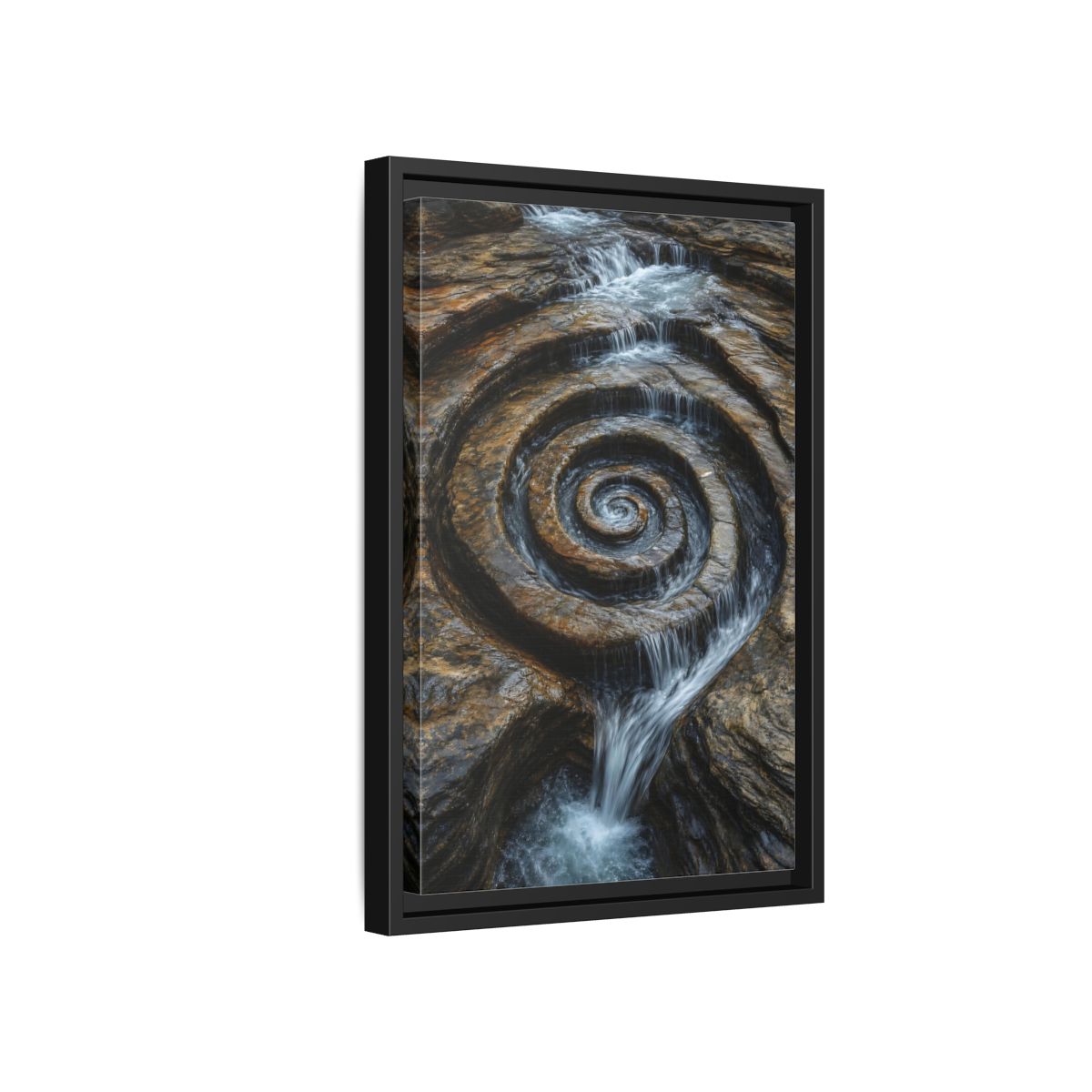 Side Mockup 6. Nature Rock Spiral Brown And Blue Nature shown as stretched canvas wall art