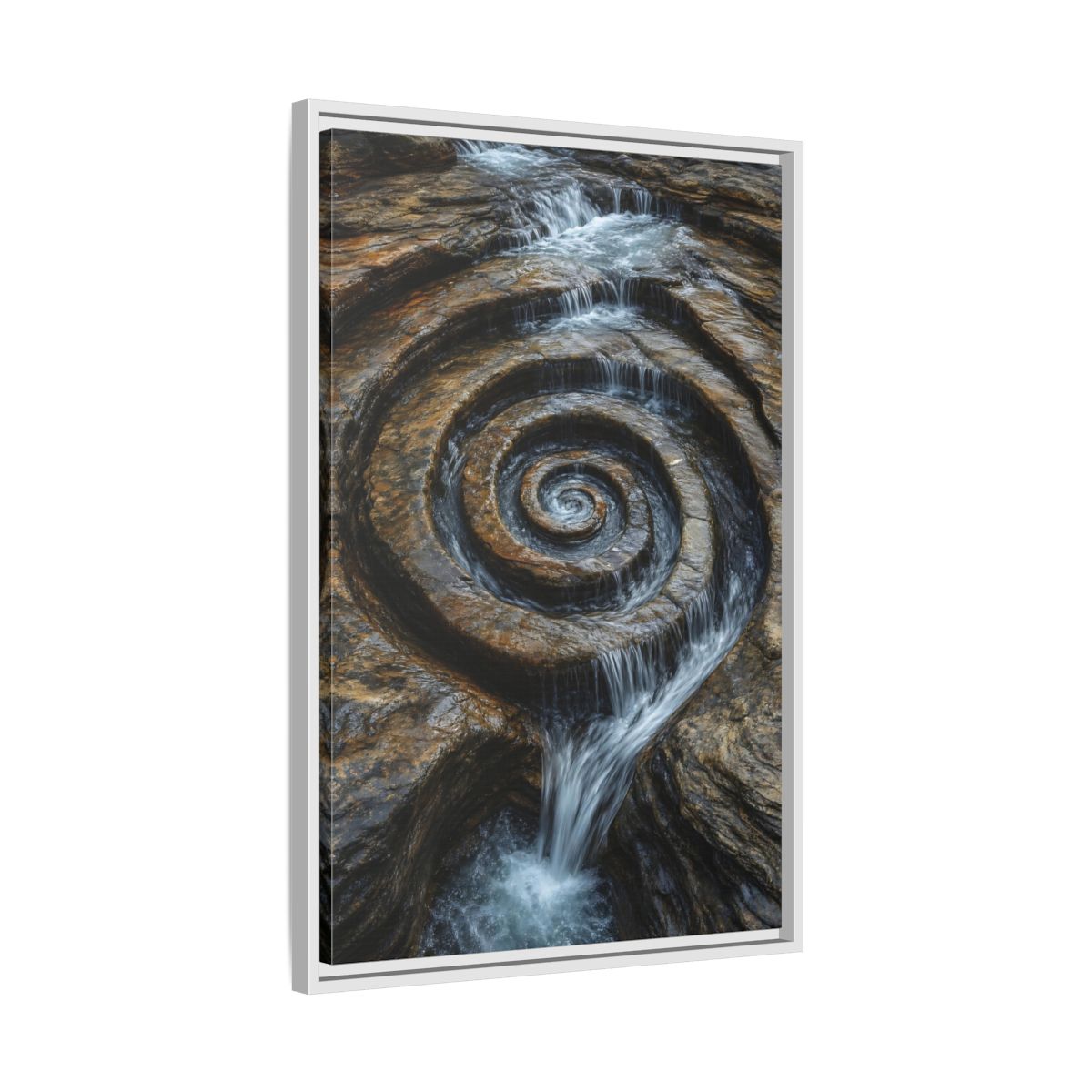 Side Mockup 10. Nature Rock Spiral Brown And Blue Nature shown as stretched canvas wall art