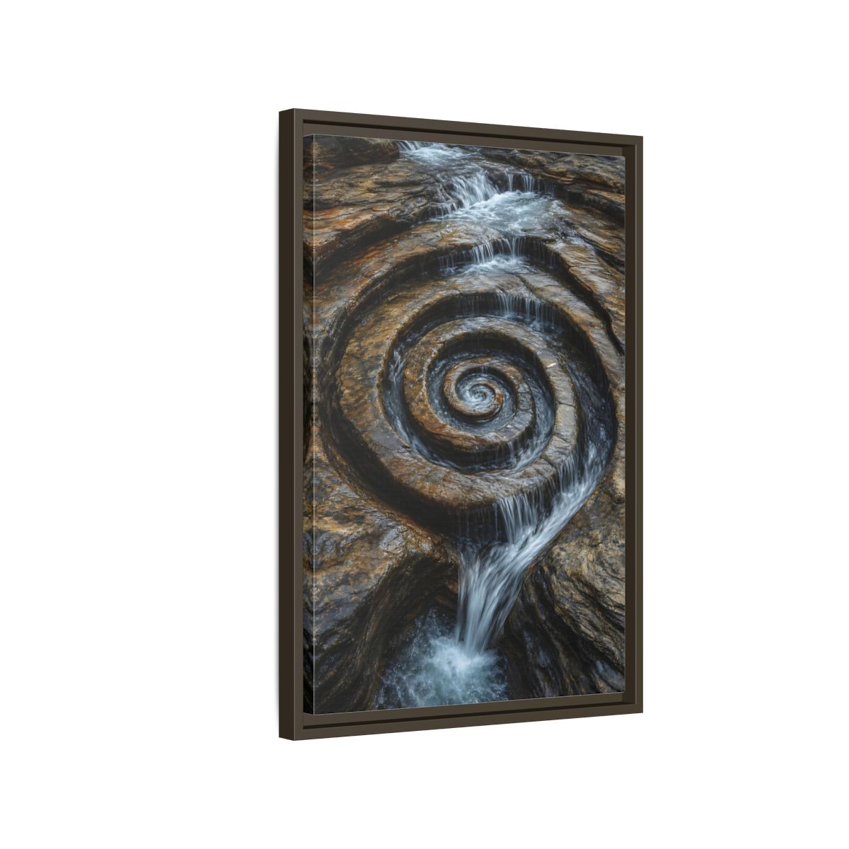 Side Mockup 2. Nature Rock Spiral Brown And Blue Nature shown as stretched canvas wall art