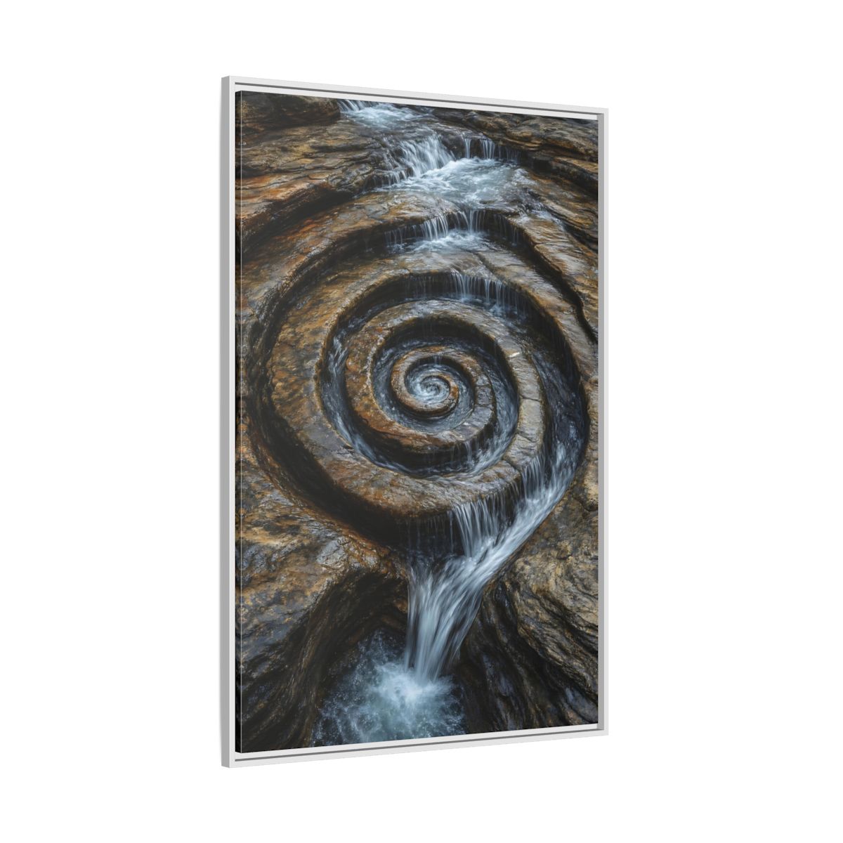 Side Mockup 7. Nature Rock Spiral Brown And Blue Nature shown as stretched canvas wall art