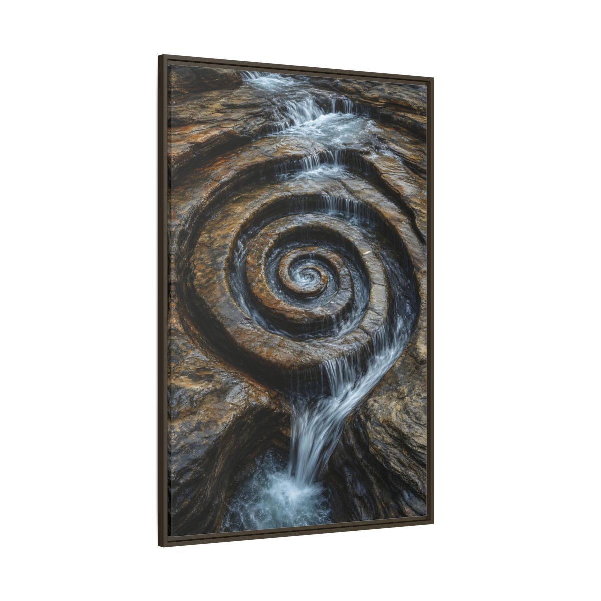 Side Mockup 8. Nature Rock Spiral Brown And Blue Nature shown as stretched canvas wall art