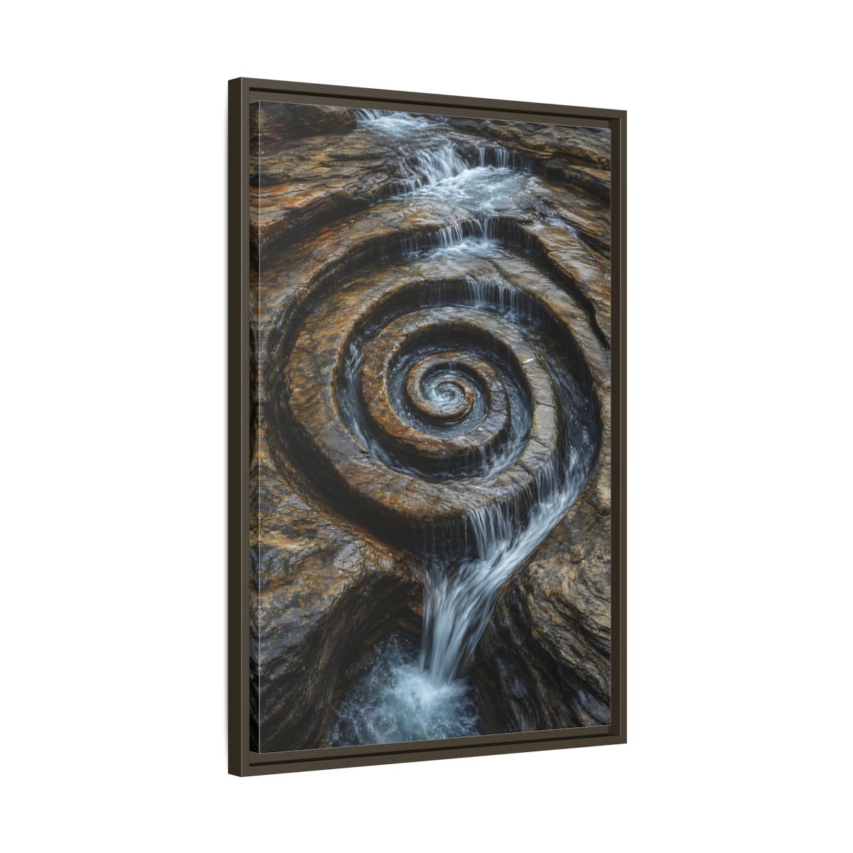 Side Mockup 11. Nature Rock Spiral Brown And Blue Nature shown as stretched canvas wall art
