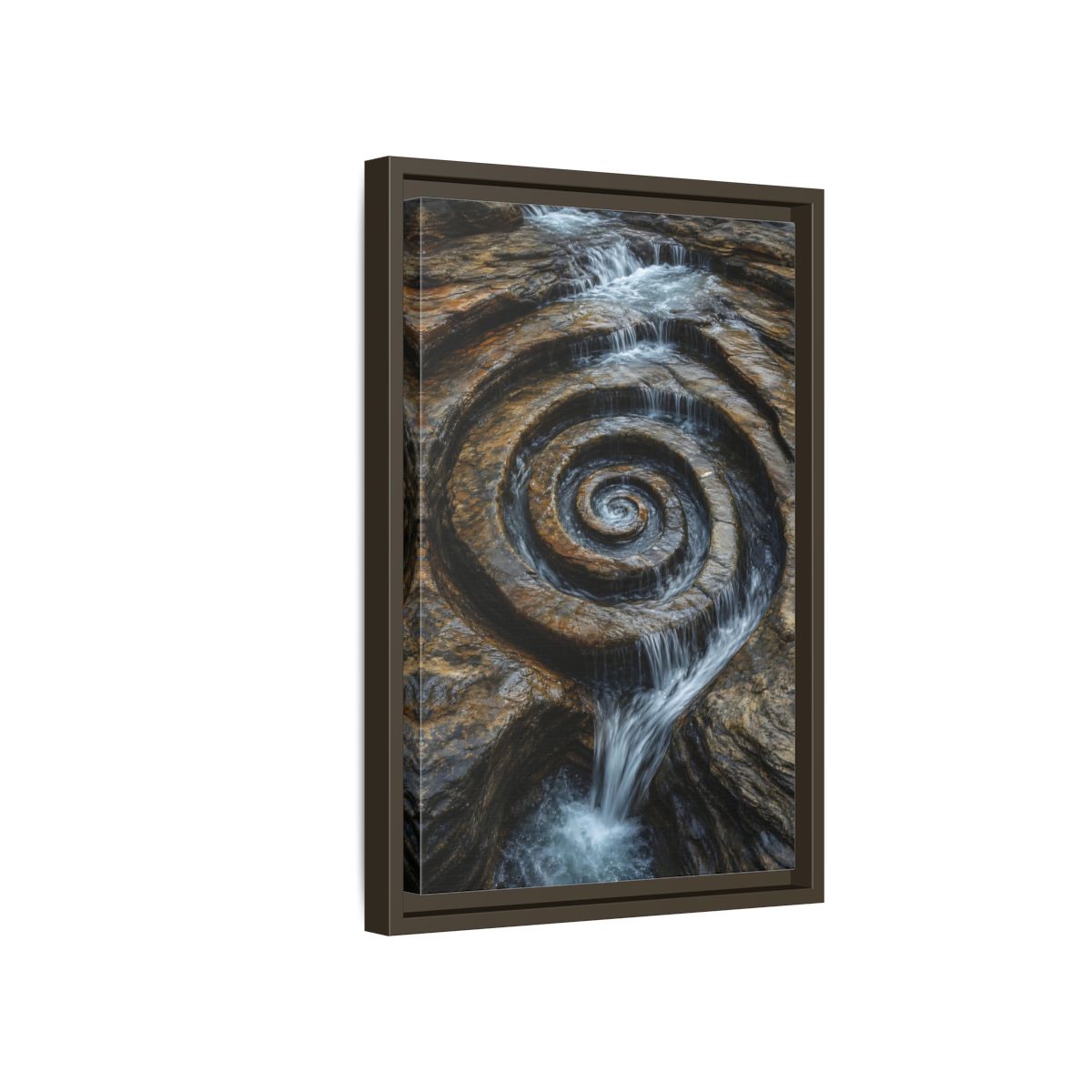 Side Mockup 5. Nature Rock Spiral Brown And Blue Nature shown as stretched canvas wall art