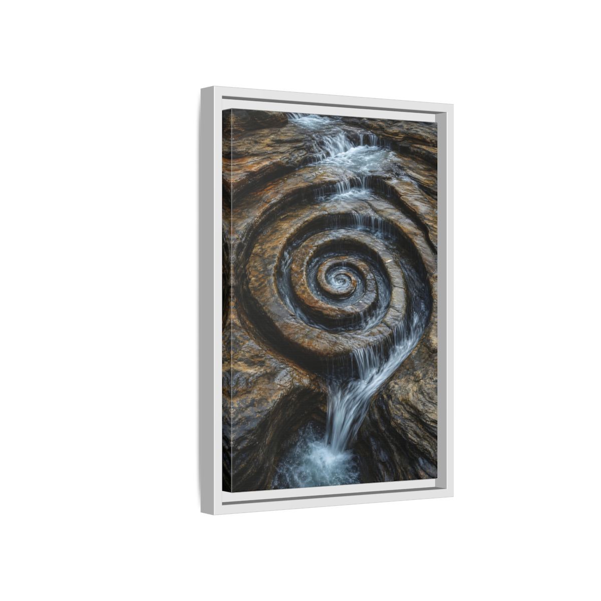 Side Mockup 4. Nature Rock Spiral Brown And Blue Nature shown as stretched canvas wall art