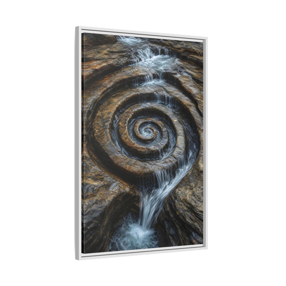 Side Mockup 9. Nature Rock Spiral Brown And Blue Nature shown as stretched canvas wall art