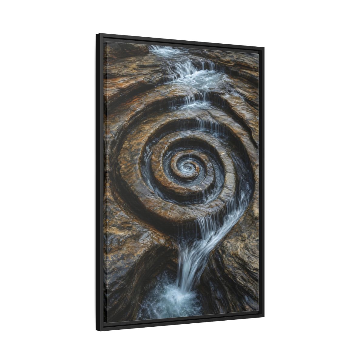 Side Mockup 13. Nature Rock Spiral Brown And Blue Nature shown as stretched canvas wall art