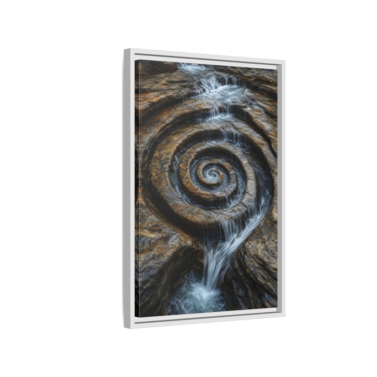 Side Mockup 1. Nature Rock Spiral Brown And Blue Nature shown as stretched canvas wall art