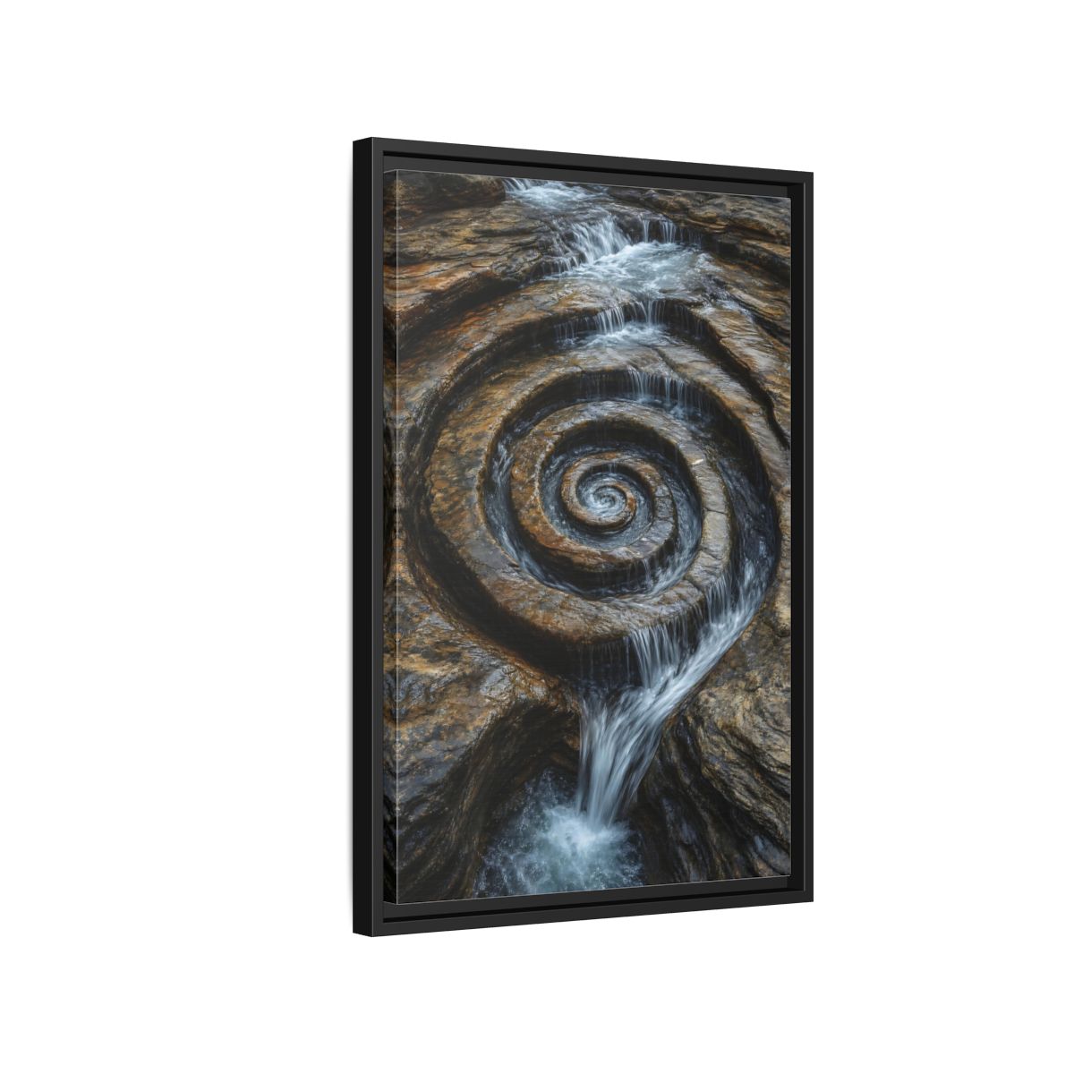 Side Mockup 3. Nature Rock Spiral Brown And Blue Nature shown as stretched canvas wall art