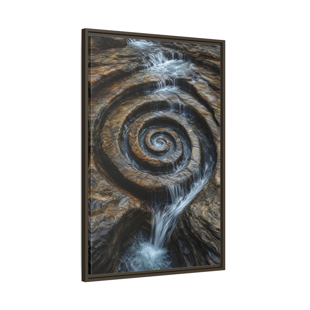 Main Mockup. Nature Rock Spiral Brown And Blue Nature shown as stretched canvas wall art