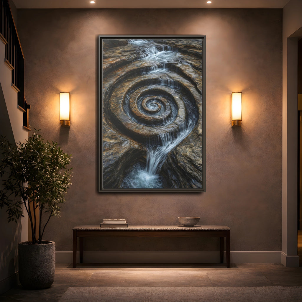 Mockup 2. Nature Rock Spiral Brown And Blue Nature shown as stretched canvas wall art