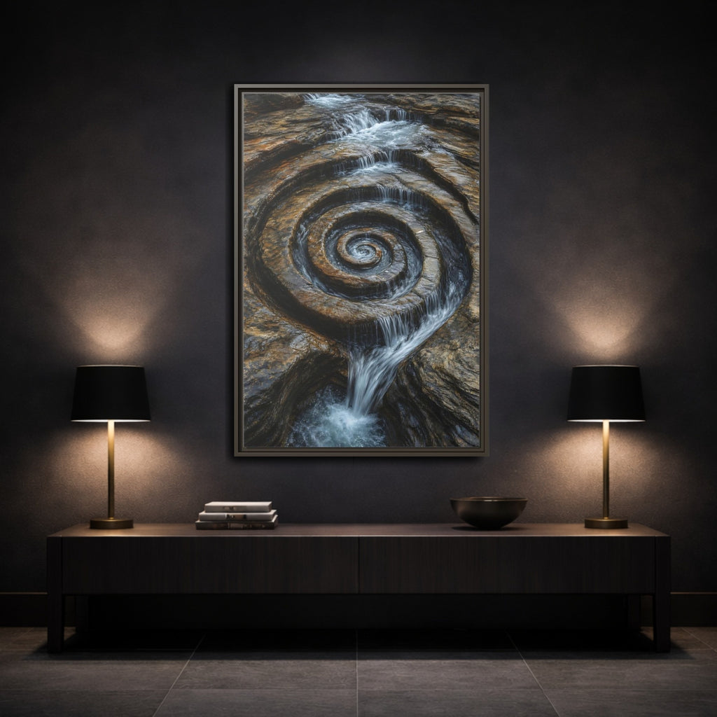 Mockup 3. Nature Rock Spiral Brown And Blue Nature shown as stretched canvas wall art