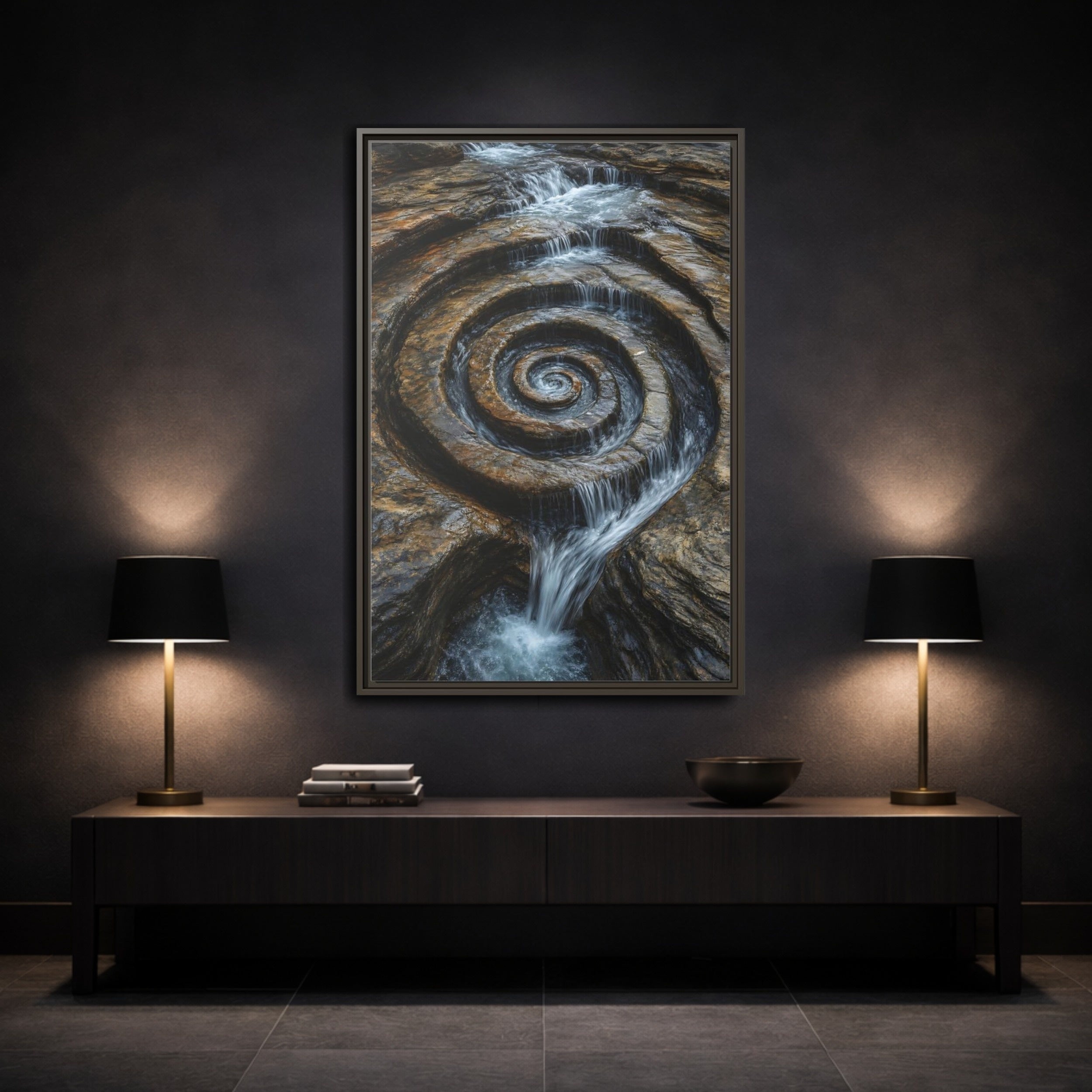 Mockup 3. Nature Rock Spiral Brown And Blue Nature shown as stretched canvas wall art