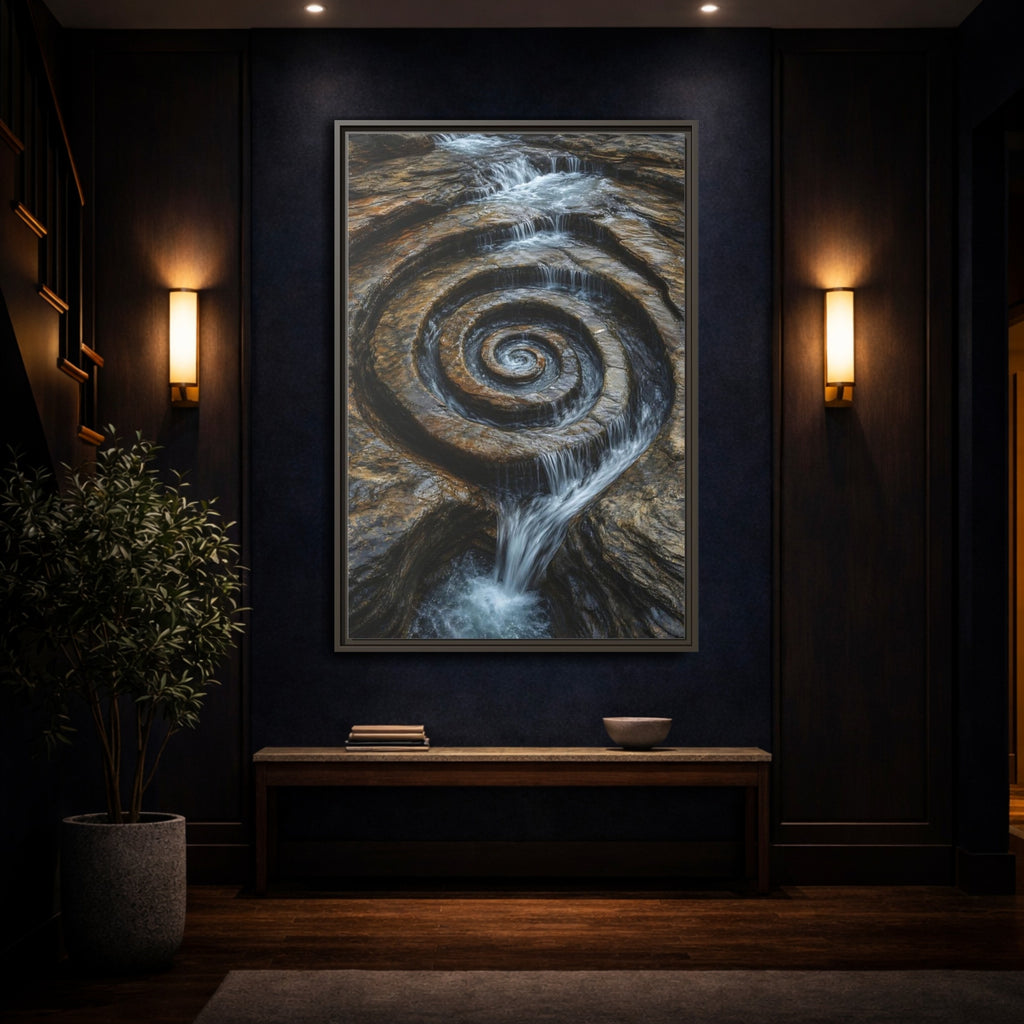 Mockup 4. Nature Rock Spiral Brown And Blue Nature shown as stretched canvas wall art