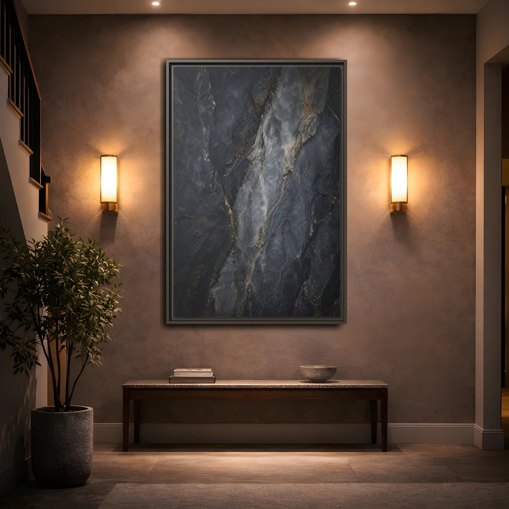 Mockup 2. Nature Rock Texture Dark Grey And Gold shown as stretched canvas wall art