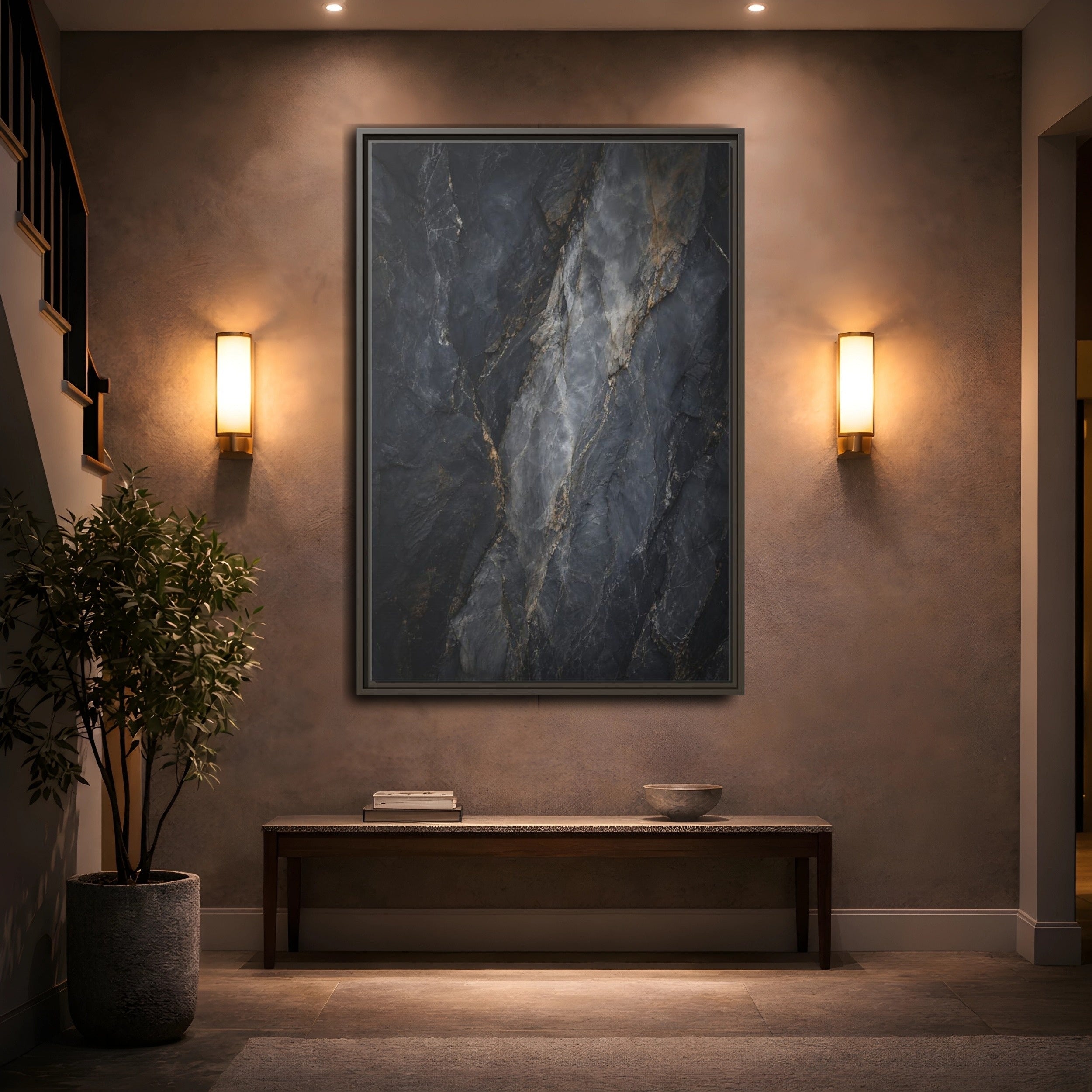 Mockup 2. Nature Rock Texture Dark Grey And Gold shown as stretched canvas wall art