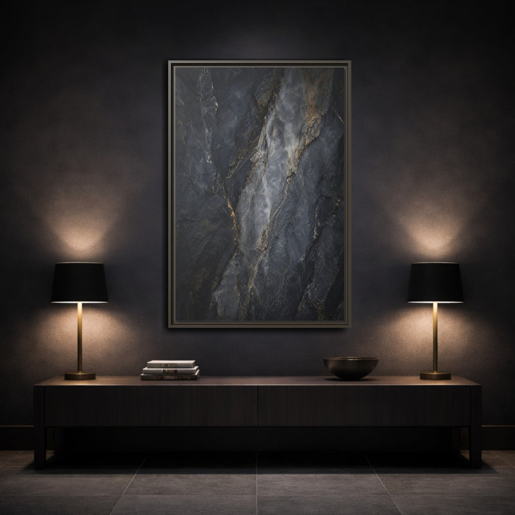 Mockup 3. Nature Rock Texture Dark Grey And Gold shown as stretched canvas wall art