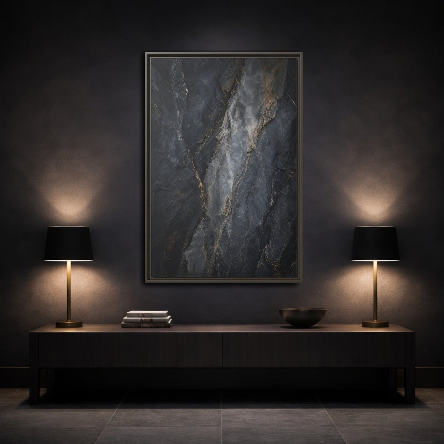 Mockup 3. Nature Rock Texture Dark Grey And Gold shown as stretched canvas wall art