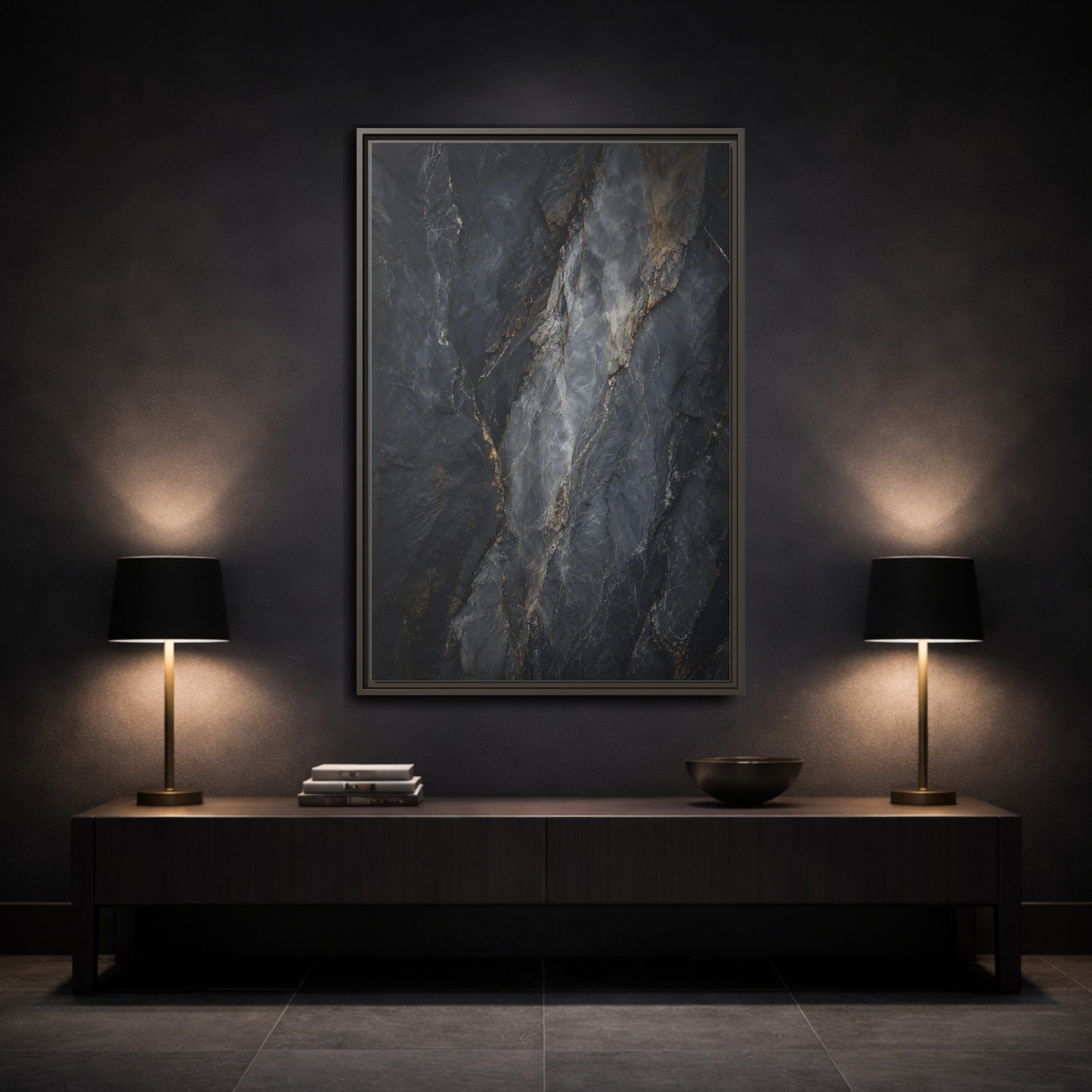 Mockup 3. Nature Rock Texture Dark Grey And Gold shown as stretched canvas wall art