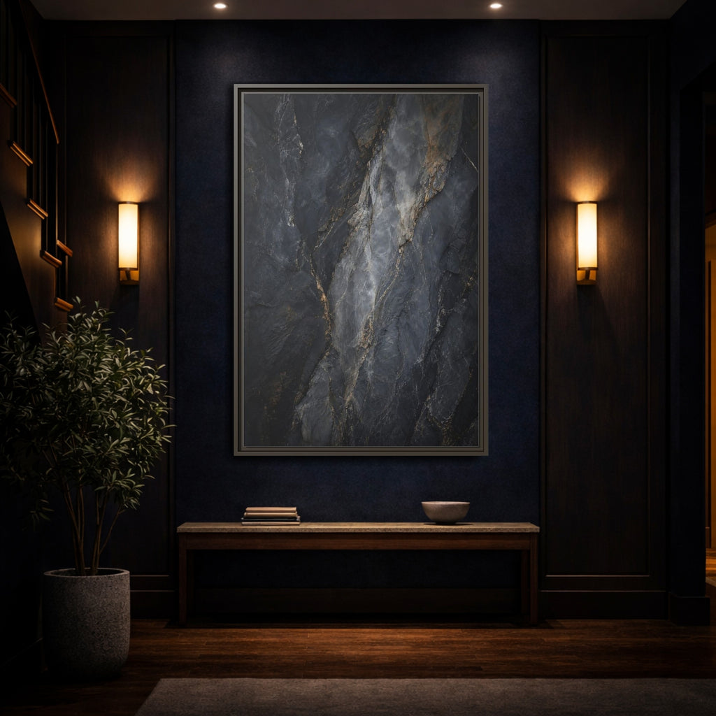Mockup 4. Nature Rock Texture Dark Grey And Gold shown as stretched canvas wall art