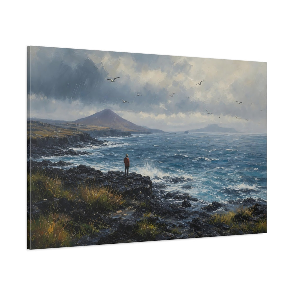 Side Mockup 1. Nature Rocky Coast Blue Coast shown as stretched canvas wall art